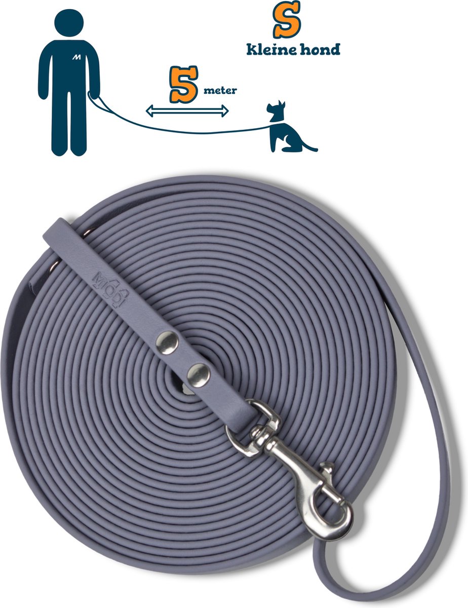Miqdi lange lijn - BioThane – grijs - 5 meter lang – 9mm breed – XS/S – kleine hond – lange hondenriem