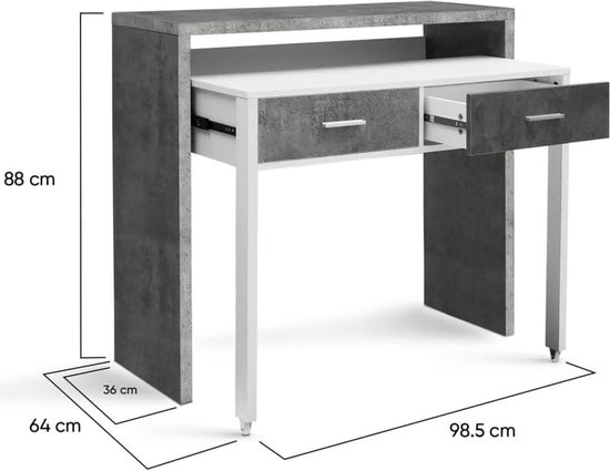 Uitschuifbaar bureau Max hout in betonlook en wit - Merkloos