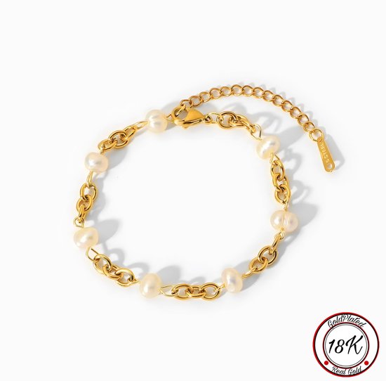 Borasi Chain Pearl Bracelet | Chain Parel Armband | 18K Goldplated | 16 cm tot 21 cm | Vrouwen Armband | Cadeau Voor Haar | Elegante Armband | Best Verkochte Sieraden | Moederdag Cadeautje