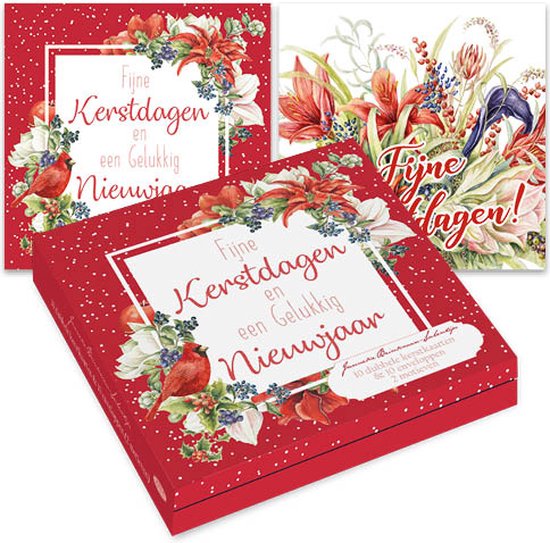 Rood doosje met witte stippen, twee kaarten en enveloppen. Kaarten met winterboeket en rode kardinaal.
