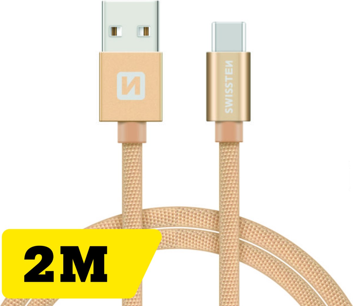 Swissten Gevlochten USB-C naar USB-A Kabel - 2M - Goud