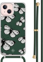 Casimoda® hoesje met groen koord - Geschikt voor iPhone 13 - Vlinders - Afneembaar koord - TPU/acryl - Groen