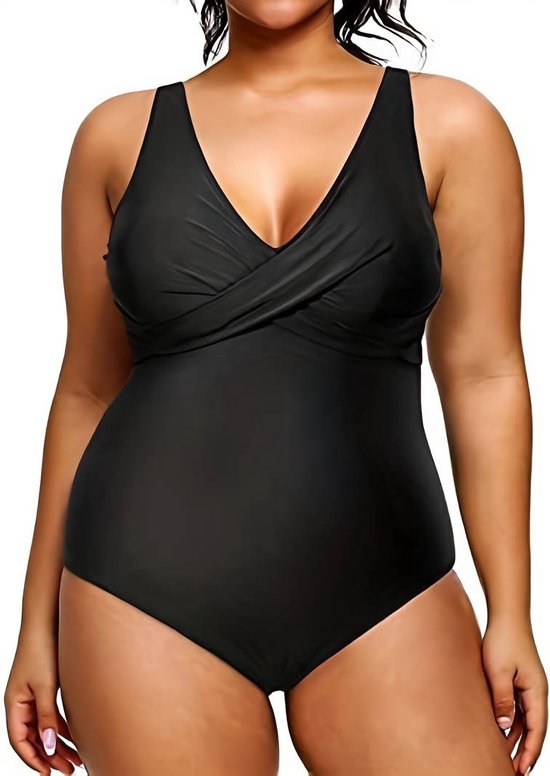 Stijlvolle Badpak- Dames Plus Size Gekruiste Voorkant Badpak met V-hals, rugband- Zwempak Bikini Tankini Zwemkleding 709- Zwart- Maat XXL