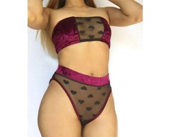 Jumada's - Doorzichtige Kanten hartjes lingerie setje zwart met bordeaux rood - wijn rood - Maat S