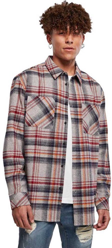 Chemise Urban Classics - S- Heavy Curved Oversized Checked Grijs/Rouge