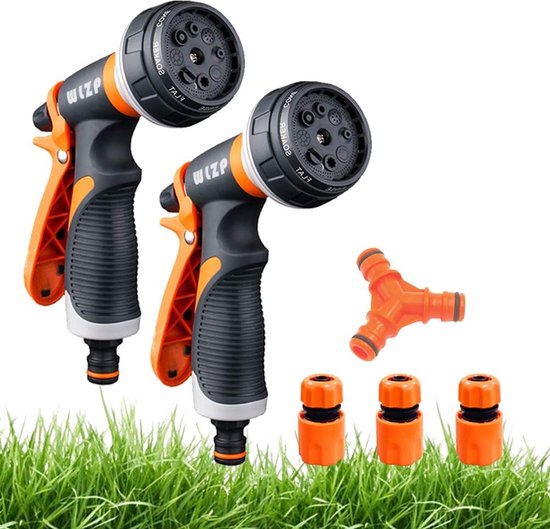 FANHAO Professionele tuinslang, sproeikop, hogedruksproeier, 100% metalen tuinsproeier met 8 sproeipatronen, duimbediening, aan/uit-ventiel voor gazon- en plantenirrigatie, huisdier- en autowassen