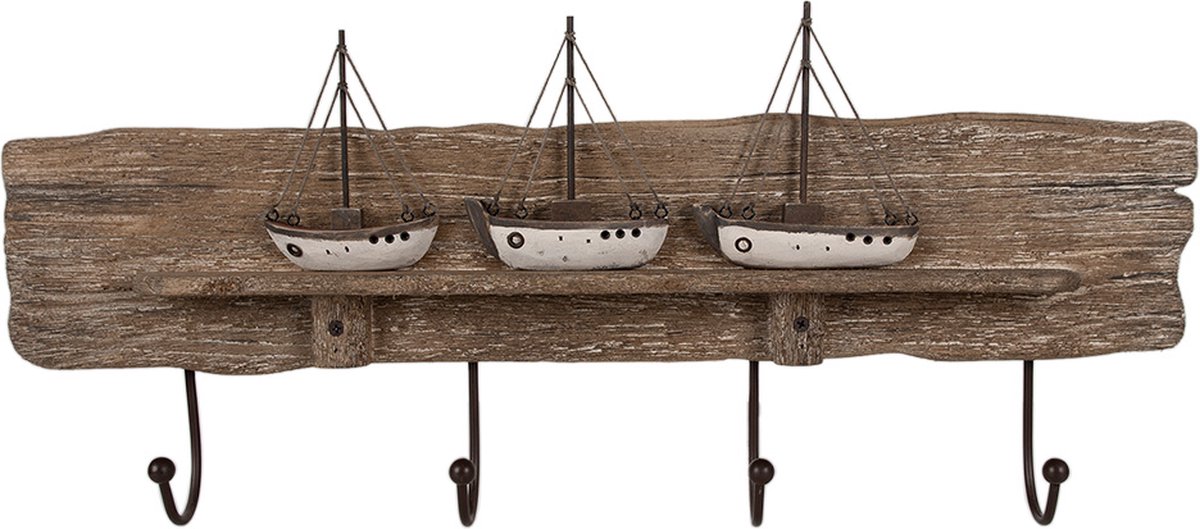 Clayre & Eef Wandkapstok 4 Haken 63x8x27 cm Bruin Hout Bootjes