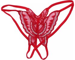 New Age Devi - "Rode, Sexy Slip met Open Kruis - Vlinder String - Erotische Lingerie - Sexy String - Pikant Slipje"