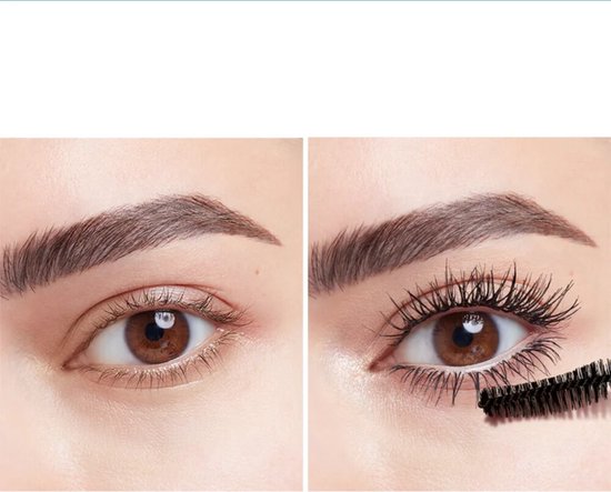Voor en na foto van een oog met vollere wimpers na gebruik van de mascara.