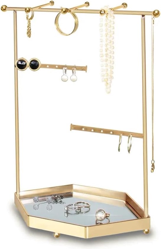 roestvrijstalen sieradenorganizer | Elegant spiegelblad | Chique oorbelaccessoirestandaard | Ideaal voor armbanden & Halskettingen | Prachtige gouden houders | 24*12*29cm (goud doorboord)