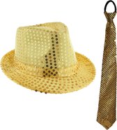 Carnaval verkleed setje - glitter hoedje en stropdas - goud - volwassenen - met pailletten