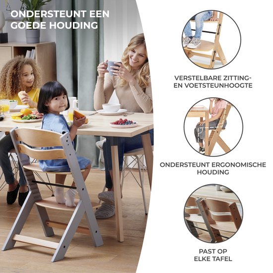 Kinderkraft ENOCK - Houten Kinderstoel 3-in-1 - met Kussenset - Hoge babystoel - Hoogte verstelbaar in 5 niveaus - 3-punts gordels, - Tot 10 jaar - Grijs van Kinderkraft — afbeelding 4