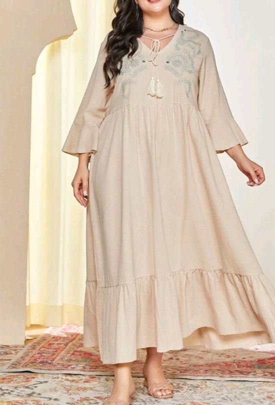 Mooie beige abaya arabische jurk najma oversized model met borduurwerk maat 4XL eu 52/54