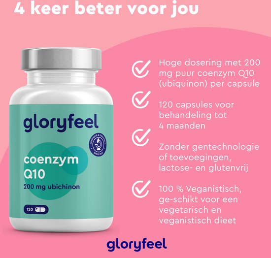 gloryfeel - Coenzym Q10 - Hoog gedoseerd - 200 mg zuiver Q10 (ubiquinon) per capsule - 120 veganistische capsules (4 maanden) - CoQ10 geproduceerd uit plantaardige fermentatie - Laboratorium getest, zonder toevoegingen, geproduceerd in Duitsland. - gloryfeel