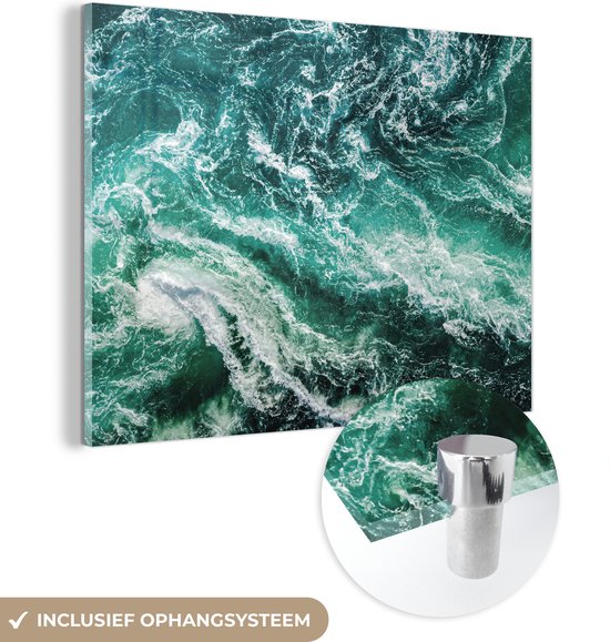 MuchoWow® Glasschilderij 120x90 cm - Schilderij acrylglas - Oceaan - Water - Zee - Luxe - Groen - Turquoise - Foto op glas - Schilderijen