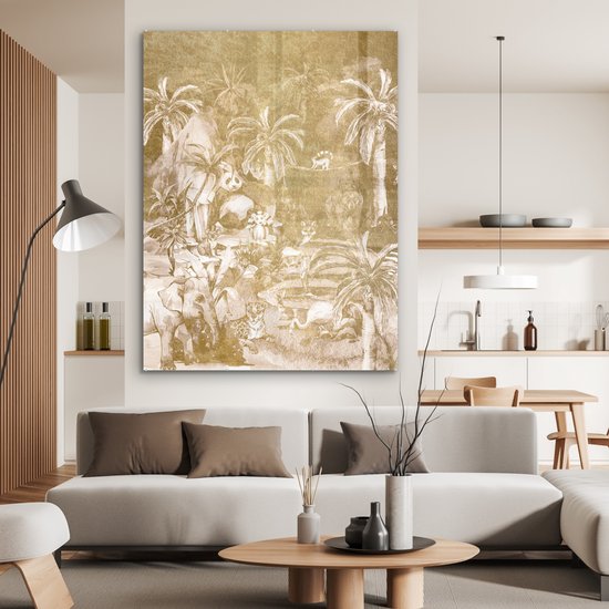 MuchoWow® Glasschilderij 120x160 cm - Schilderij acrylglas - Jungle - Goud - Kinderen - Planten - Dieren - Foto op glas - Schilderijen