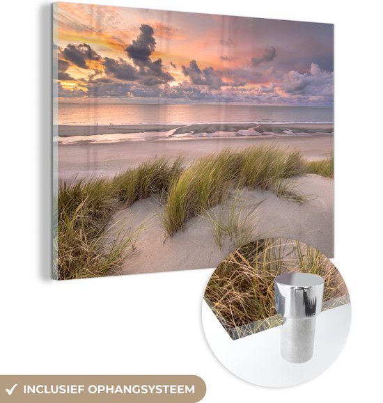 Glasschilderij natuur - Strand - Zee - Duin - Zonsondergang - Foto op glas - Wanddecoratie - Glasschilderij strand - 120x90 cm - Acrylglas - Muurdecoratie - glasschilderijen woonkamer