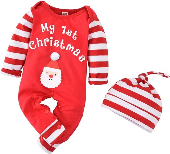 Kerstmis Baby Outfit - Charmante en Comfortabele - Xmas Onesie - Ademende Katoenmix Romper met Bijpassende Hoed in Kerstman of Elf Ontwerp - Ideaal voor Foto’s, Feesten en Eerste Kerstviering - 0-3 Maanden