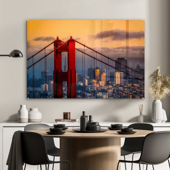 MuchoWow® Glasschilderij - San Francisco - Brug - Zon - 120x80 cm - Acrylglas Schilderijen - Foto op Glas