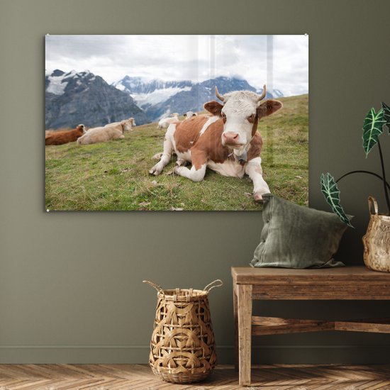MuchoWow® Tableau sur Verre - Vaches - Prairie - Alpes - 90x60 cm - Peintures sur Verre Acrylique - Photo sur Glas