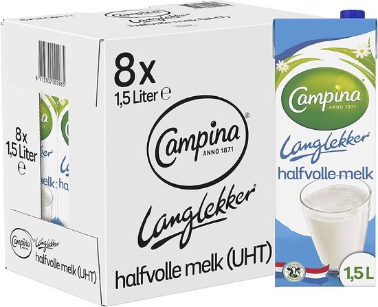 Foto: Campina langlekker halfvolle melk houdbaar 8 x 1 5 l voordeelverpakking