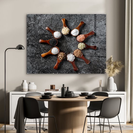 MuchoWow® Peinture sur verre 120x90 cm - Peinture sur verre acrylique - Cuillère - Herbes - Épices - Cuisine - Industriel - Photo sur verre - Peintures