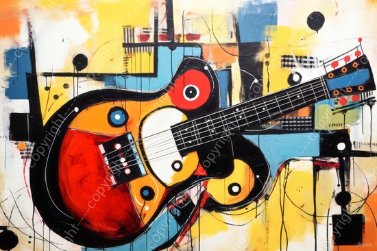 JJ-Art (Aluminium) 90x60 | Gitaar, abstract in Herman Brood stijl, kleurrijk, kunst | muziek, instrument, elektrische, blauw, geel, oranje, rood, modern | foto-schilderij op dibond, metaal wanddecoratie