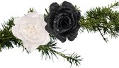 Kerstboomversiering bloemen op clip - 2x st - wit en zwart - 10 cm