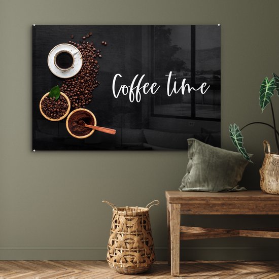 MuchoWow® Peinture sur verre 120x80 cm - Peinture sur verre acrylique - Citations - Dictons - L'heure du Coffee - Café - Photo sur verre - Peintures