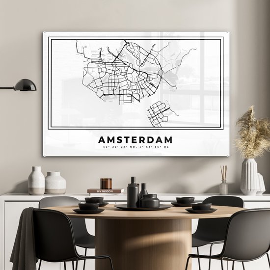 MuchoWow® Peinture sur Verre - Pays- Nederland – Amsterdam – Plan de Ville – Carte – Zwart Wit – Carte - 120x80 cm - Peintures sur Verre Peintures - Photo sur Glas