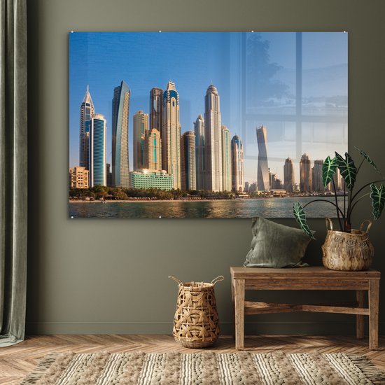 MuchoWow® Peinture sur verre - L' Skyline de la marina de Dubaï depuis la mer - 150x100 cm - Peintures sur verre acrylique - Photo sur Glas