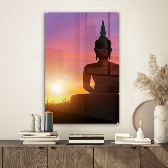 Peinture sur verre - Statue de Bouddha - Silhouette - Coucher de soleil - Spirituel - Peintures de salon - Photo sur verre - Verre acrylique - 40x60 cm - Décoration murale - Peinture sur verre