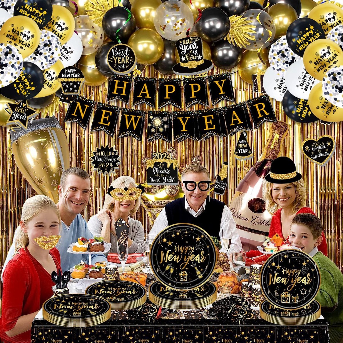 Décorations de fête du Nouvel An 2024, réutilisable Ensemble de vaisselle  de fête du Nouvel An