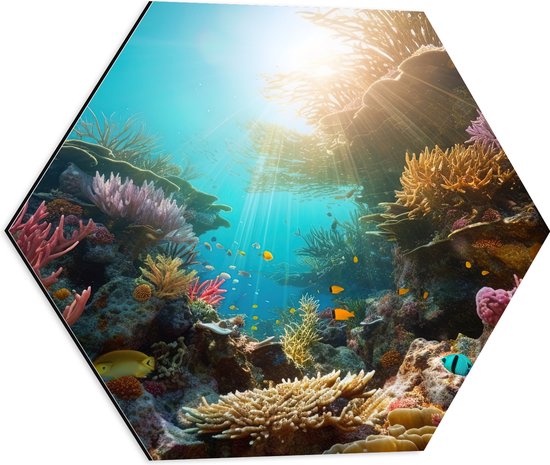 Dibond Hexagon - Onderwater - Oceaan - Zee - Koraal - Vissen - Kleuren - Zon - 50x43.5 cm Foto op Hexagon (Met Ophangsysteem)