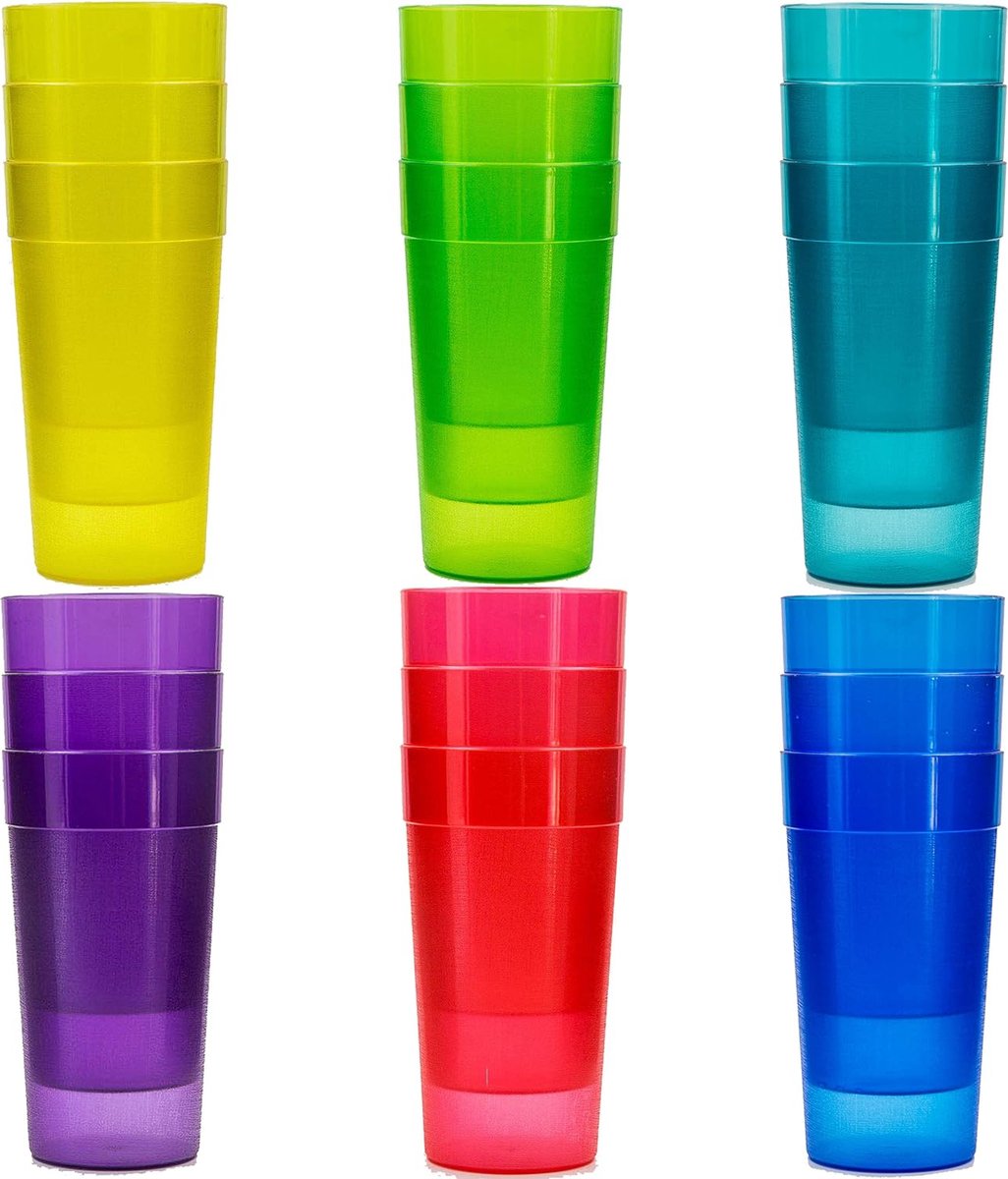 Goedkoopste 18 Stuks 600ML Plastic Glazen, Plastic Drinkbekers, Drinkglazen 600ML, 9 Kleuren (Transparent Rainbow