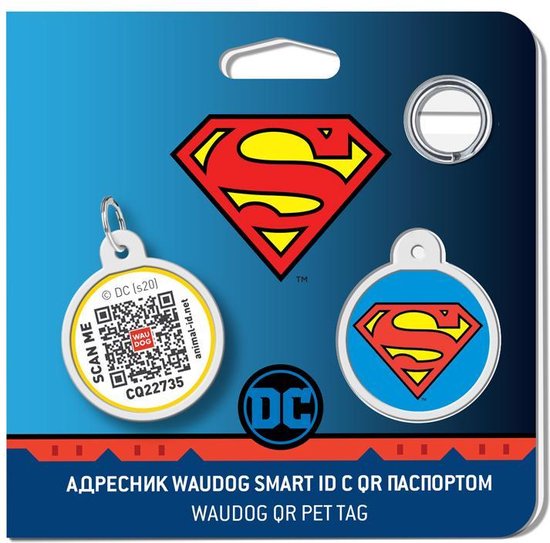 WAUDOG Superman Hero QR Pet Tag / Hondenpenning - Stainless steel - 25 mm - Blauw-Rood-Geel - Gratis App - WAUDOG