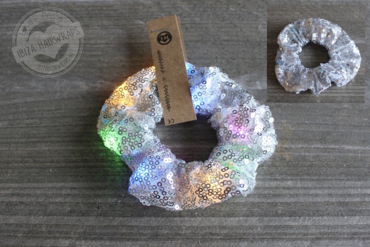 Scrunchie pailletten Zilver Led - Scrunchie met licht - Pailletten Haarelastiek -Pailletten Haarelastiek met led