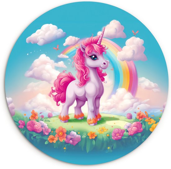 Muurcirkel kinderkamer - Wandcirkel unicorn - Roze - Eenhoorn - Kinderen - Meisjeskamer - Schilderij rond - Muurdecoratie rond - Ronde wanddecoratie - 90x90 cm - Ronde schilderijen - Muurcirkel binnen
