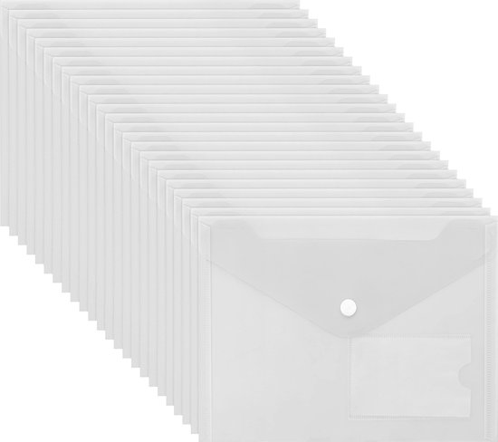Belle Vous A5 Doorzichtig Plastic Mappen (24 Pak) – Poly File Mappen met Druk Knop Sluiting en Kaart Label Buideltje – Huis, Kantoor & School Organisatie – Papierwerk, Document, Recept & Envelop Map