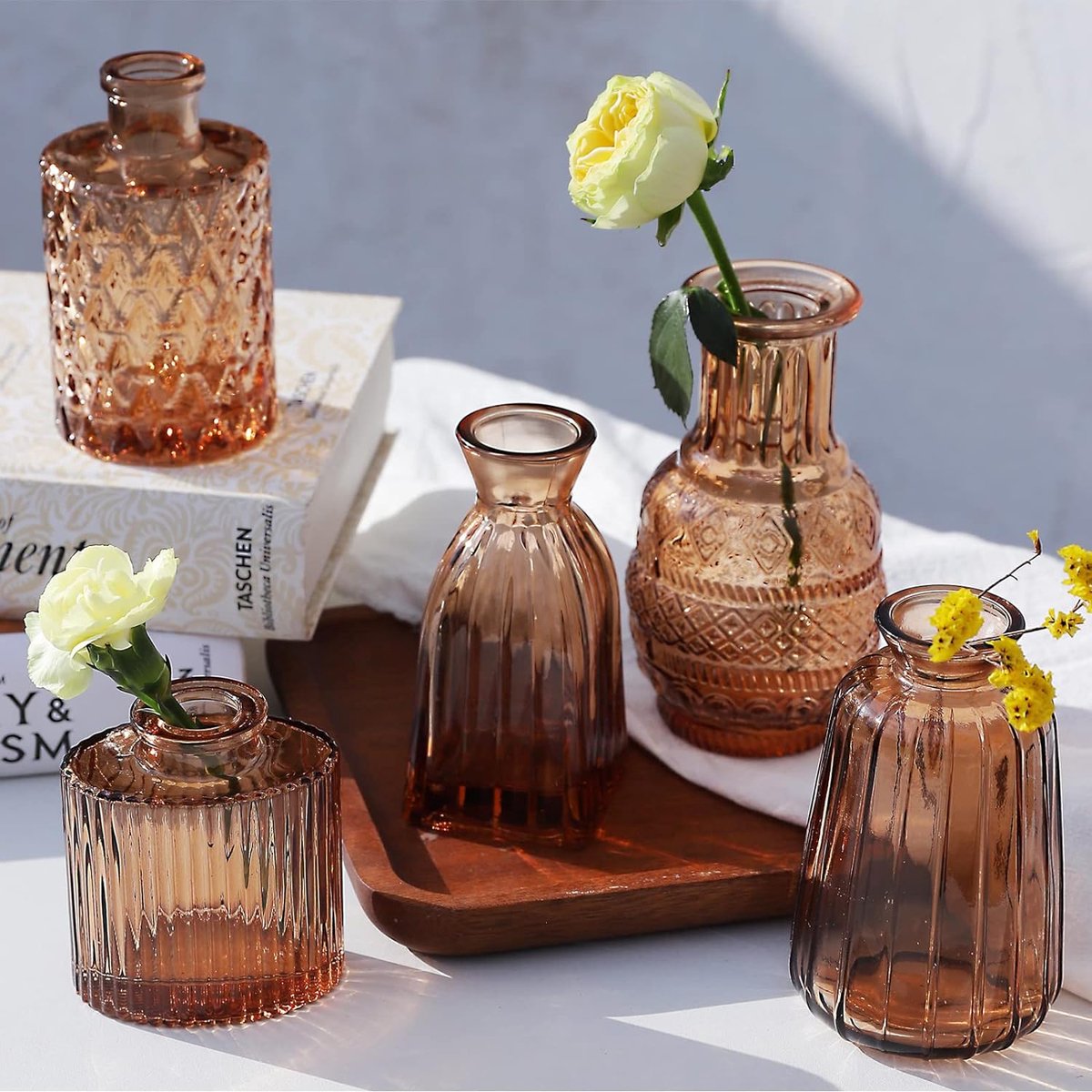 Vase En Verre Briful 25 Cm – Design Moderne Rainuré – Couleur Ambre Transparent – Pour Fleurs Ou Décoration Seule