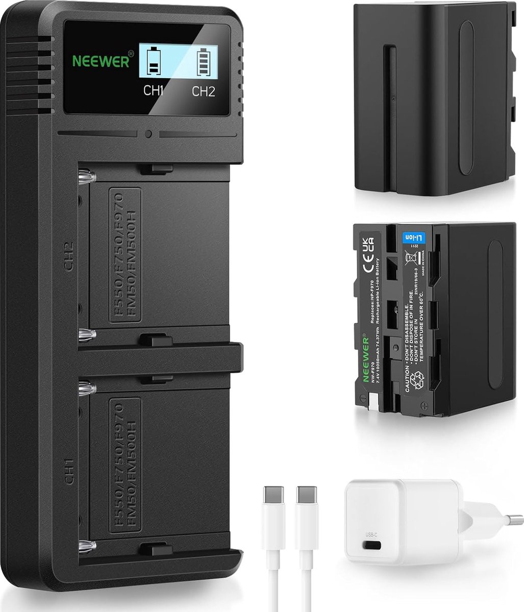 Neewer® - 10050mAh NP-F970 Batterij met 20W PD Snellader Set - 2 Stuks Vervangingsbatterijen voor NP-F970/950/750/550, Compatibel met NEEWER Gemotoriseerde Schuifregelaar LED-ringlamp Monitor Sony Video