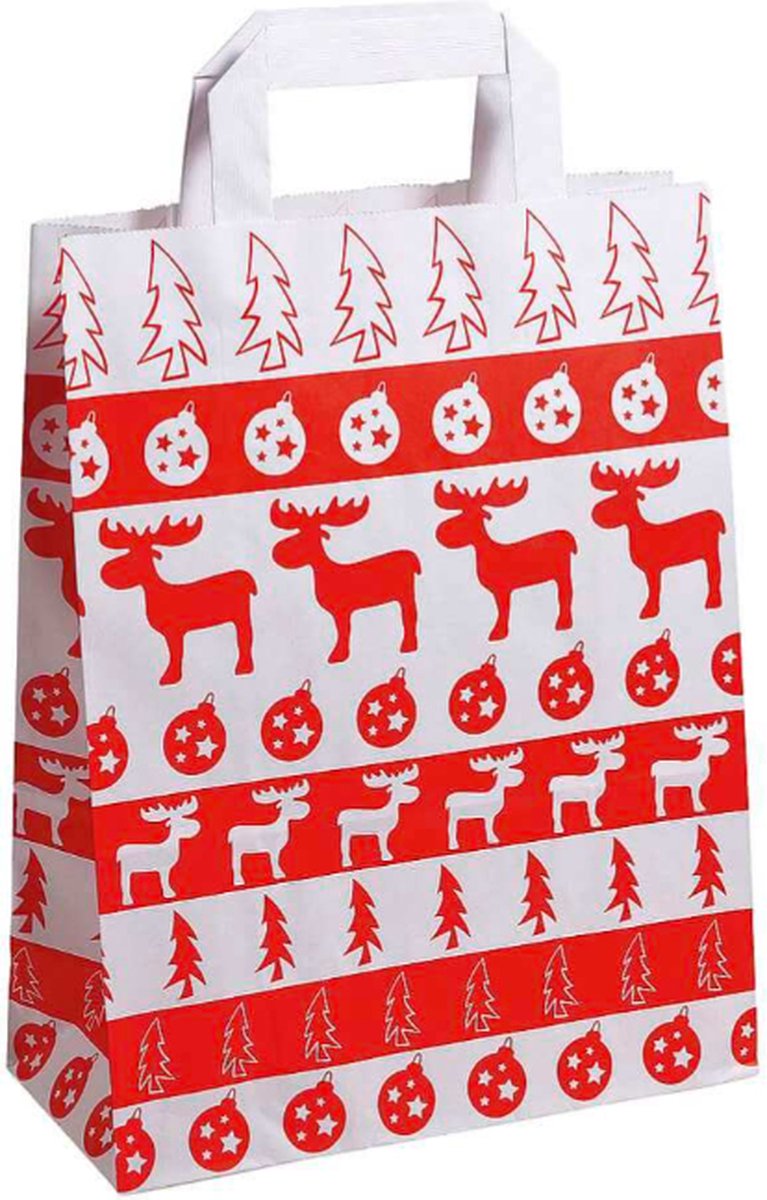 50 x papieren Kersttassen / Kerst draagtassen / Kersttasjes "Noorwegen" Met Platte Oren 18 x 8 x 22cm / Kerst verpakking