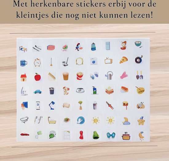 Stickers met dieren, eten, speelgoed en huishoudelijke voorwerpen voor het planbord.