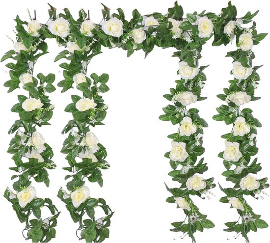 4 x 2,2 m Roses artificielles, guirlande, couronne de fleurs, roses, vigne, fleurs en soie, fleurs artificielles à suspendre, fausses fleurs décoratives avec feuilles vertes pour mariage, fête, maison, décoration de jardin (blanc)