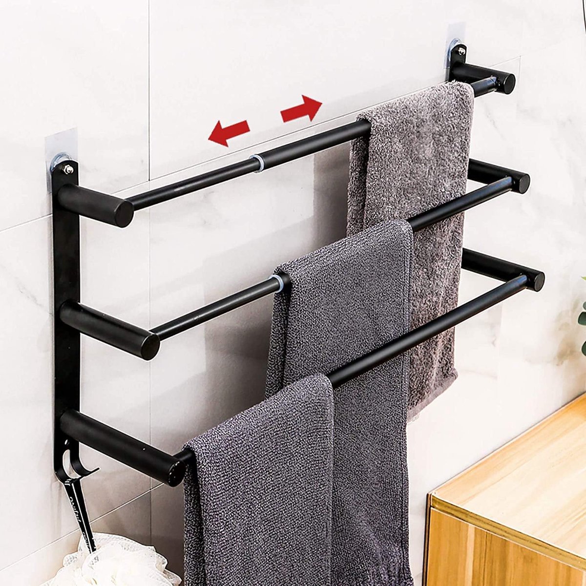 Towel Rail Extendible 43-78 cm Stainless Steel No Drilling Towel Rail Wall Shelf Suitable for Bathroom Kitchen Bath Towel Holder (Black 3-Layer)