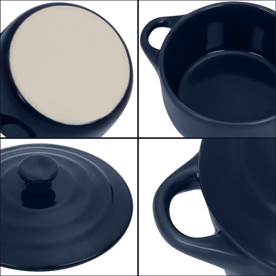 Belle Vous Mini Ceramic Stew Oven Safe Pans with Lid (4 Pack) – 170ml Round Blue Dishes Stoneware Ramequins with Lids and Handles for Baking, Souffle, Creme Brulee & Lasagna