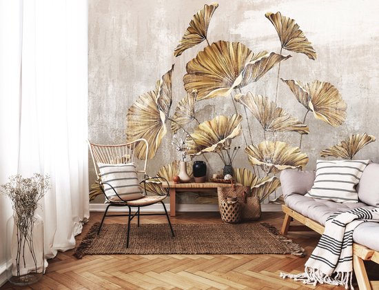 Fotobehang - Bloemen - Planten - Gouden Bladeren - Betonnen Achtergrond - Vliesbehang - 368x254cm (lxb)