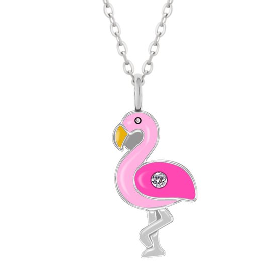 Zilveren ketting meisje | Zilveren ketting met hanger, roze flamingo met kristal