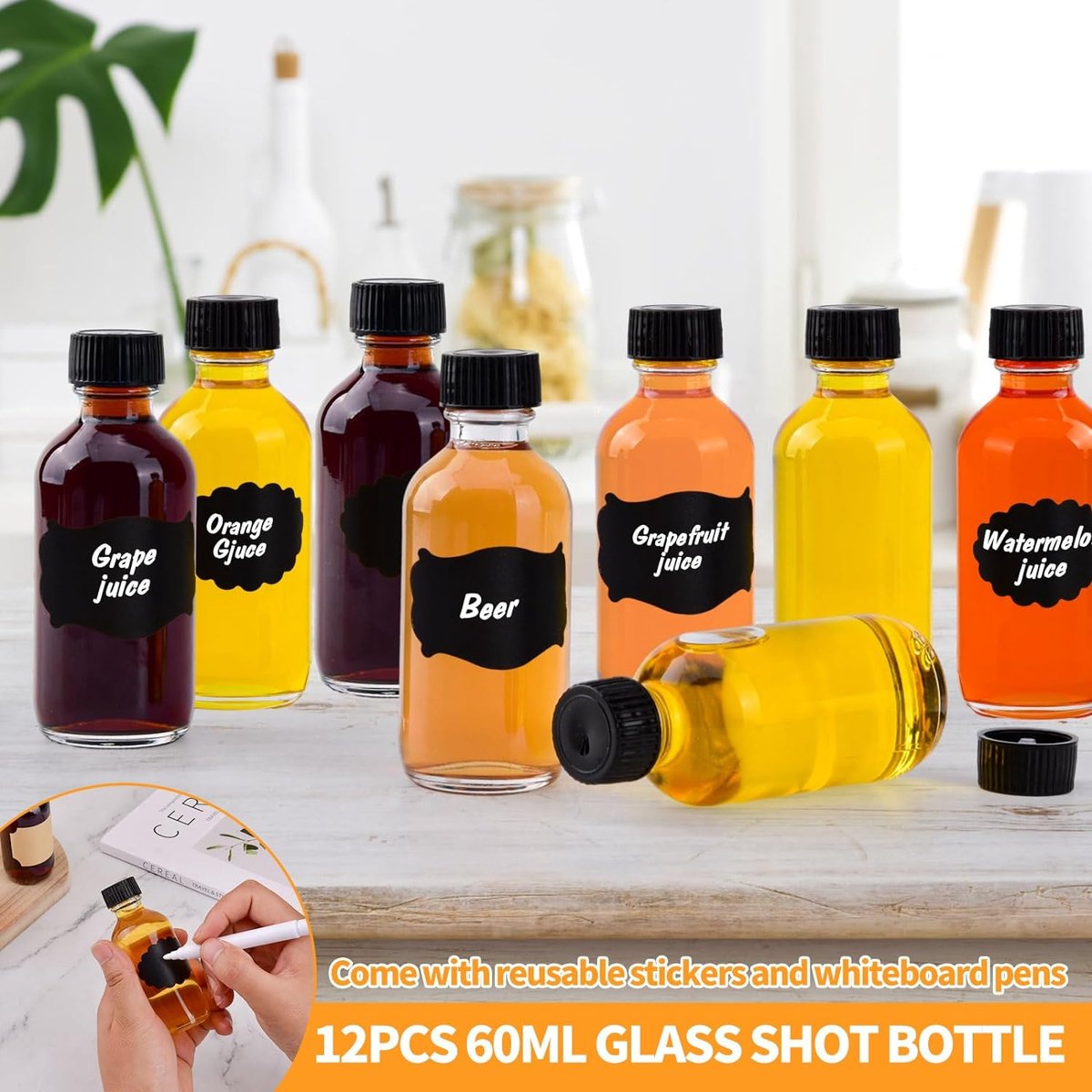 Mezzar Gember Shot Flessen om te vullen, 12 x kleine flessen van 60 ml, glazen flessen voor etherische oliën, gember, sap, likeur, gember enz