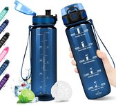 Sportwaterfles, 1 L, Lekvrije waterfles, BPA-vrij, Geschikt voor koolzuurhoudende dranken, Fietsdrinkfles met filter en tijdsaanduiding, voor school, fitness, kantoor.